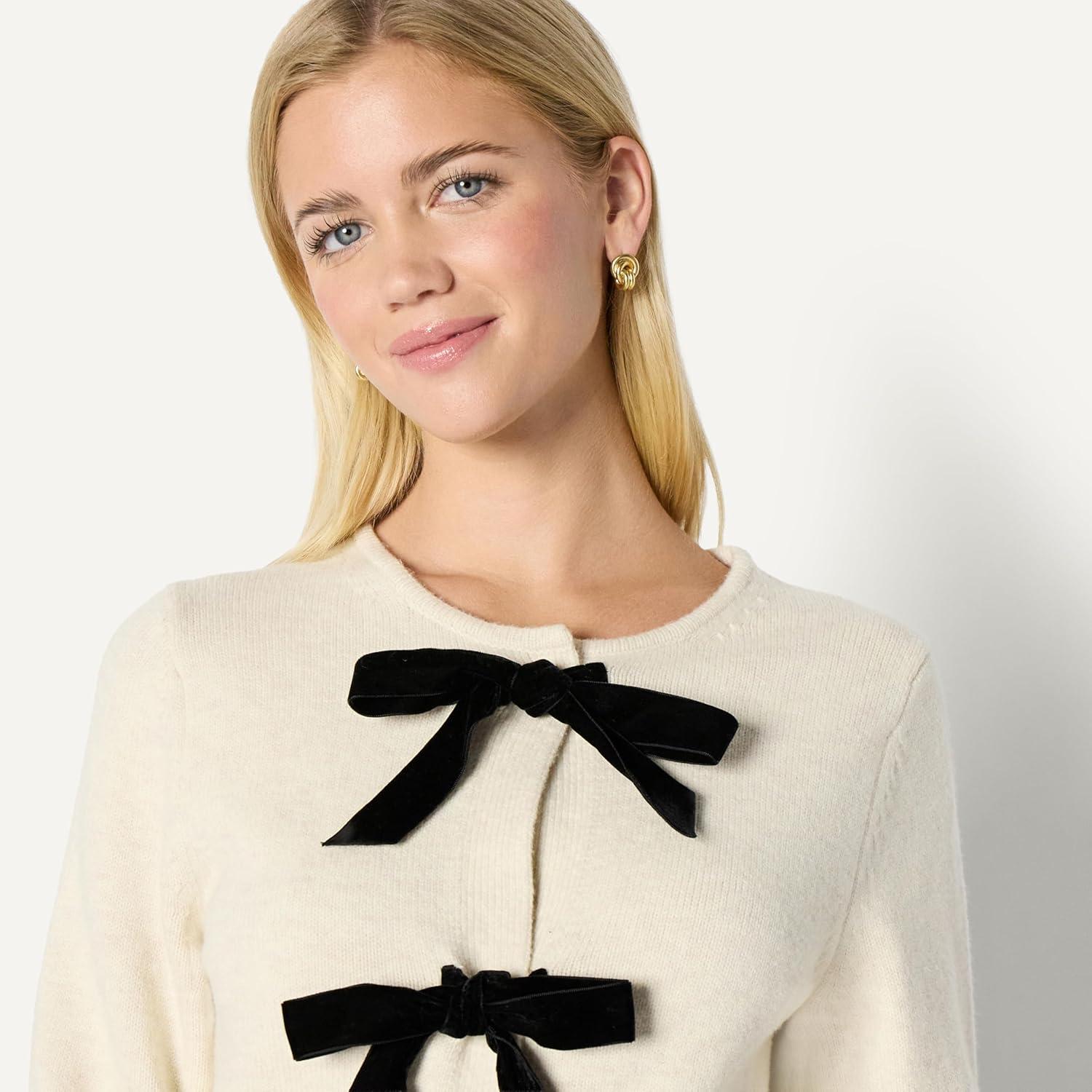 imageAmazon Essentials Womens RegularFit LongSleeve Tie Front Cardigan with BowsOatmeal Heather