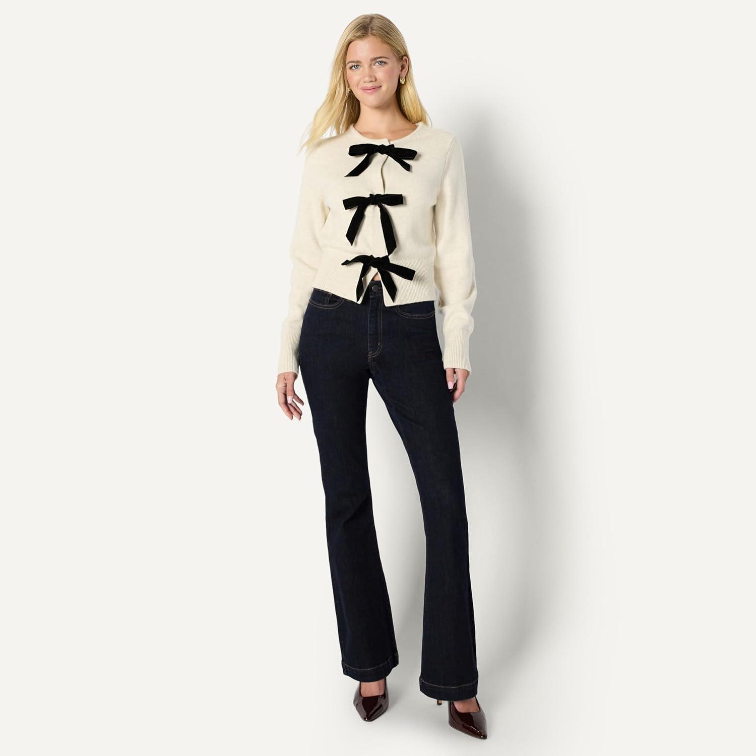 imageAmazon Essentials Womens RegularFit LongSleeve Tie Front Cardigan with BowsOatmeal Heather