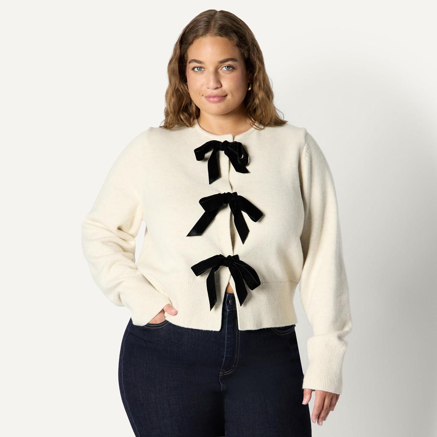 imageAmazon Essentials Womens RegularFit LongSleeve Tie Front Cardigan with BowsOatmeal Heather