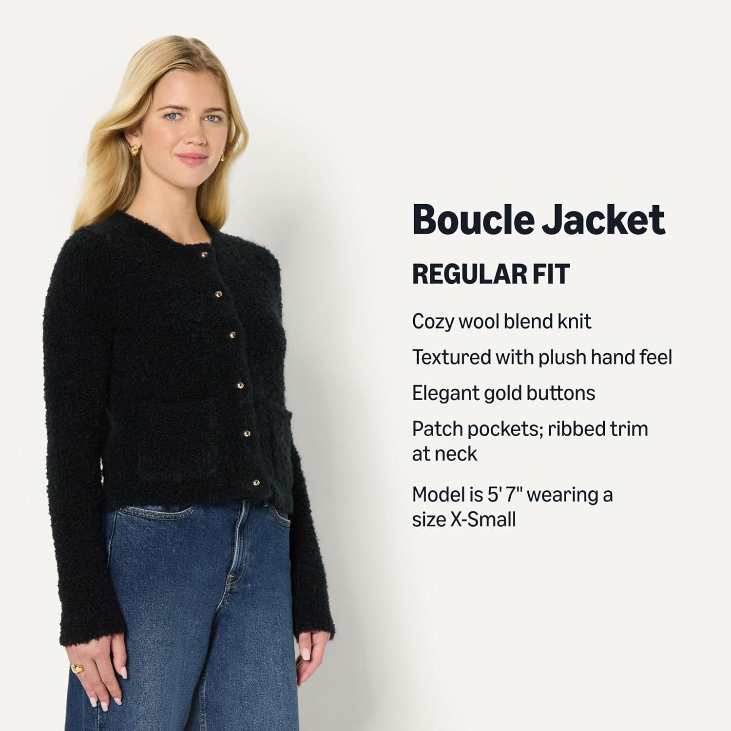 imageAmazon Essentials Womens RegularFit Wool Blend Boucle ButtonDown JacketBlack