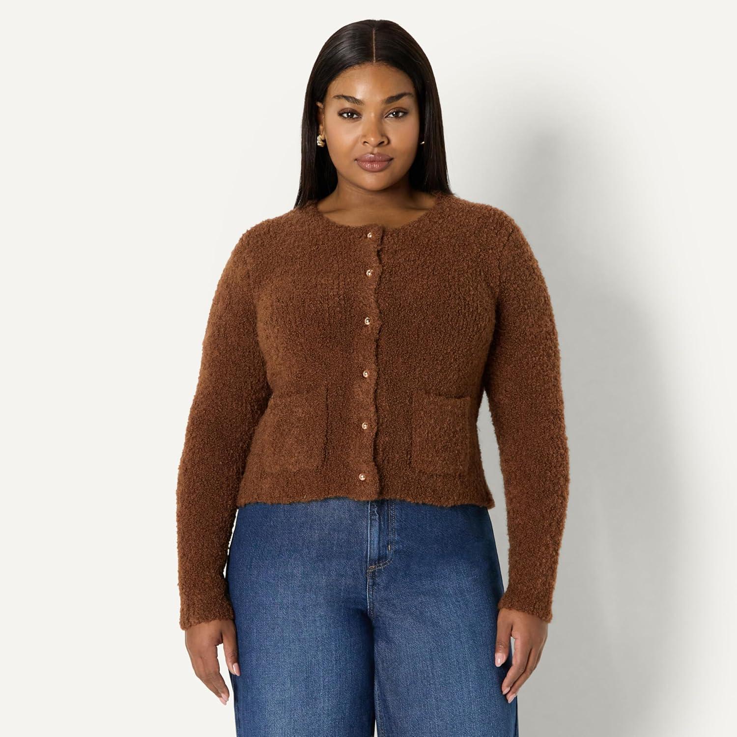 imageAmazon Essentials Womens RegularFit Wool Blend Boucle ButtonDown JacketBrown