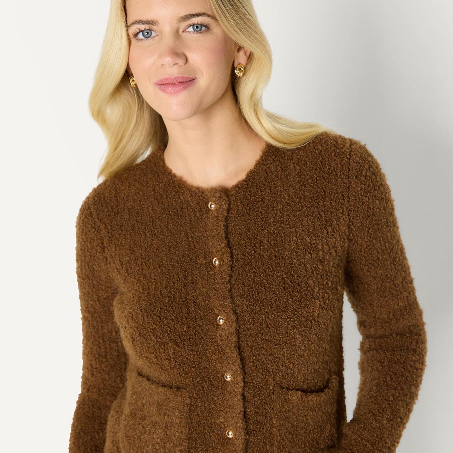 imageAmazon Essentials Womens RegularFit Wool Blend Boucle ButtonDown JacketBrown