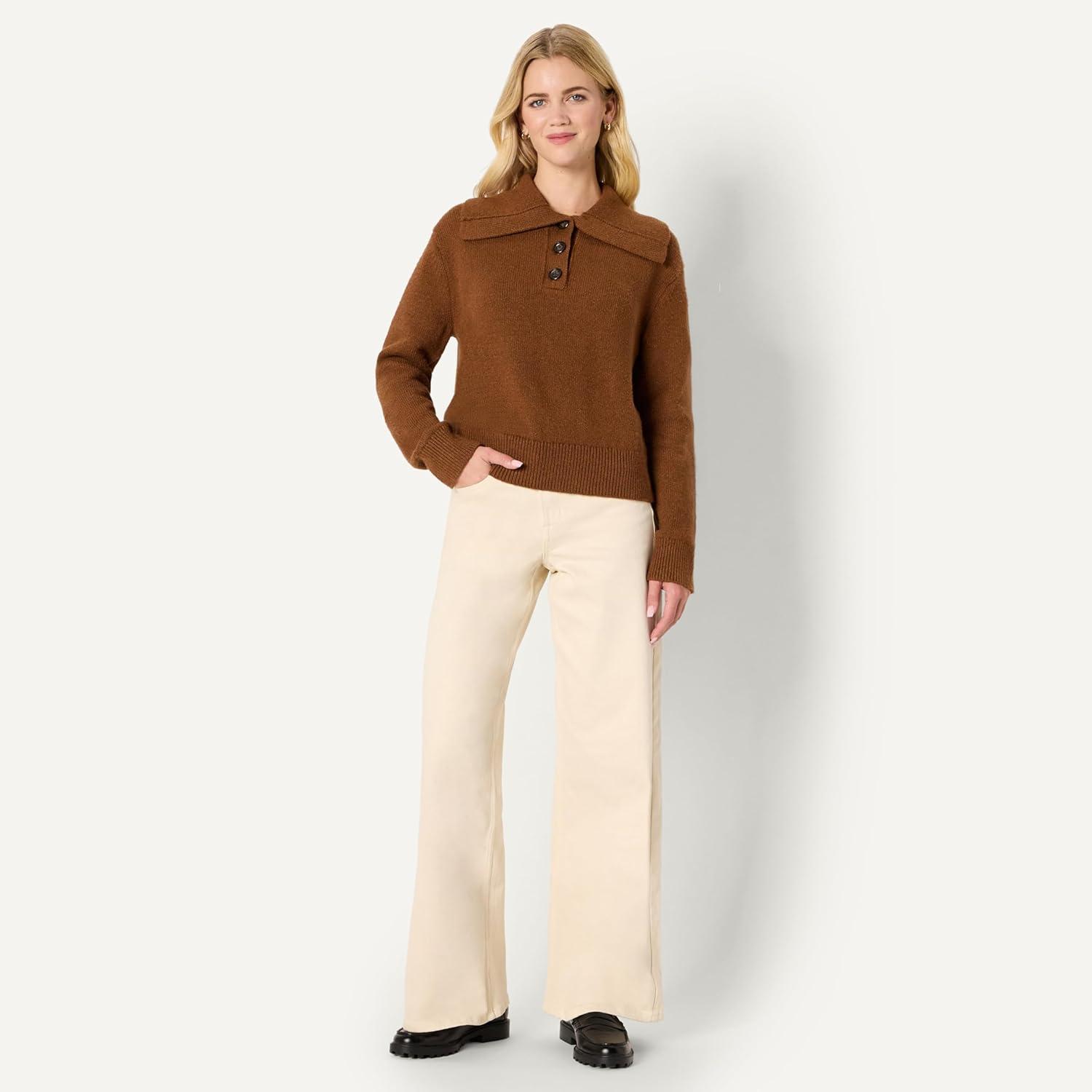 imageAmazon Essentials Womens RelaxedFit Button Collar SweaterCaramel Heather