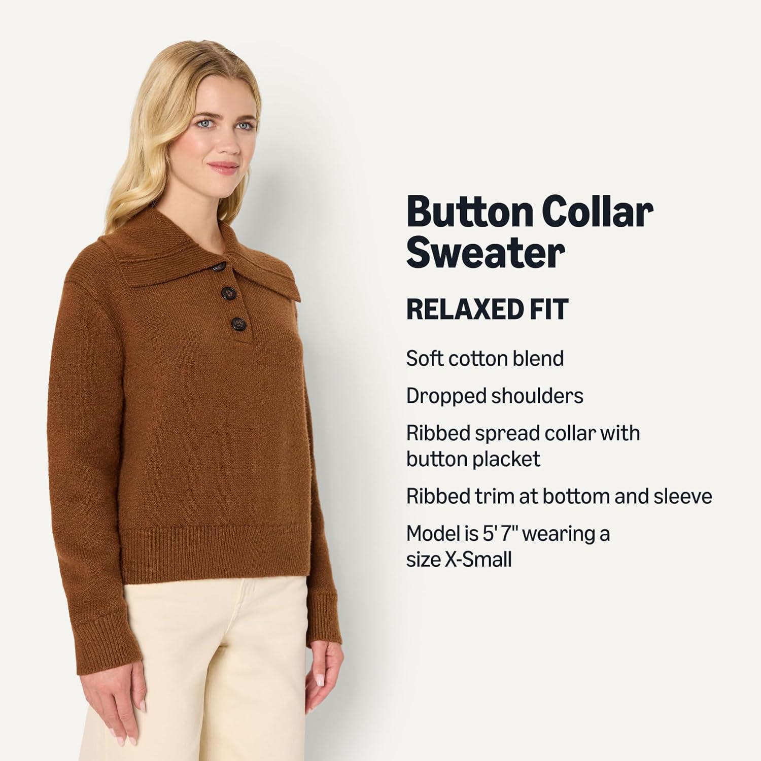 imageAmazon Essentials Womens RelaxedFit Button Collar SweaterCaramel Heather