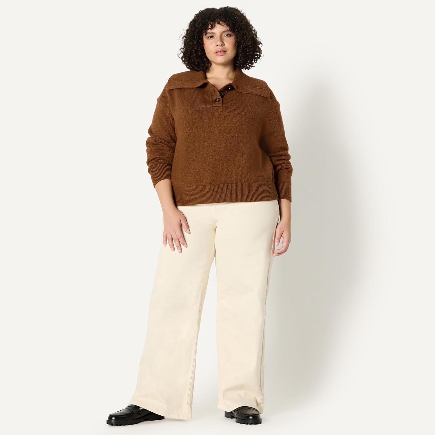 imageAmazon Essentials Womens RelaxedFit Button Collar SweaterCaramel Heather