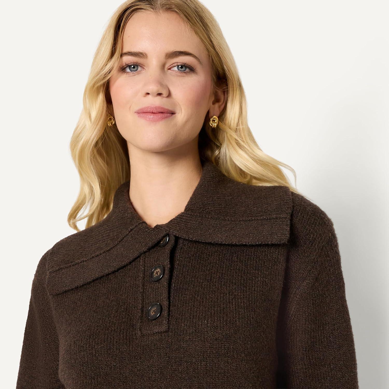 imageAmazon Essentials Womens RelaxedFit Button Collar SweaterChocolate Heather