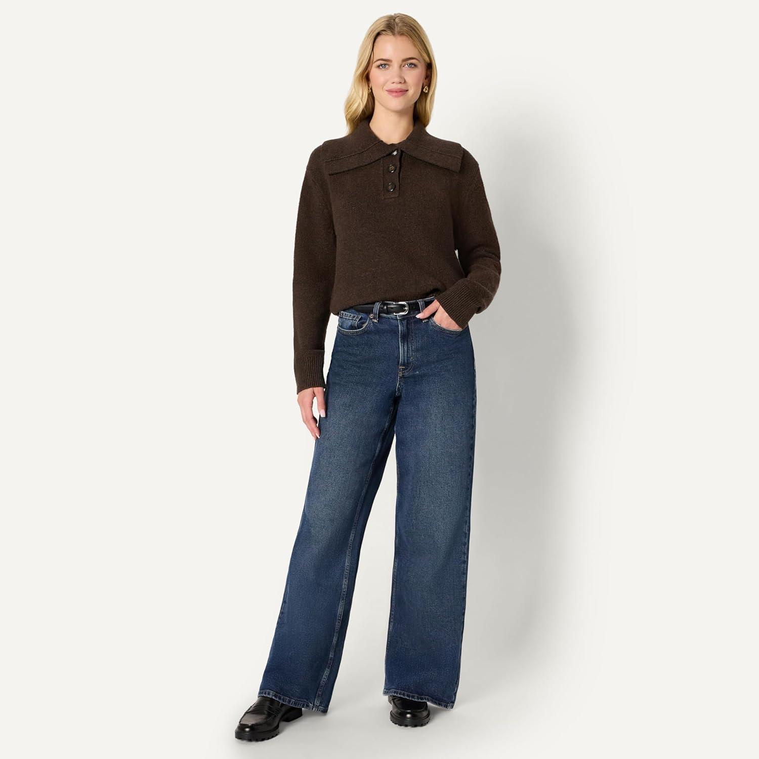 imageAmazon Essentials Womens RelaxedFit Button Collar SweaterChocolate Heather