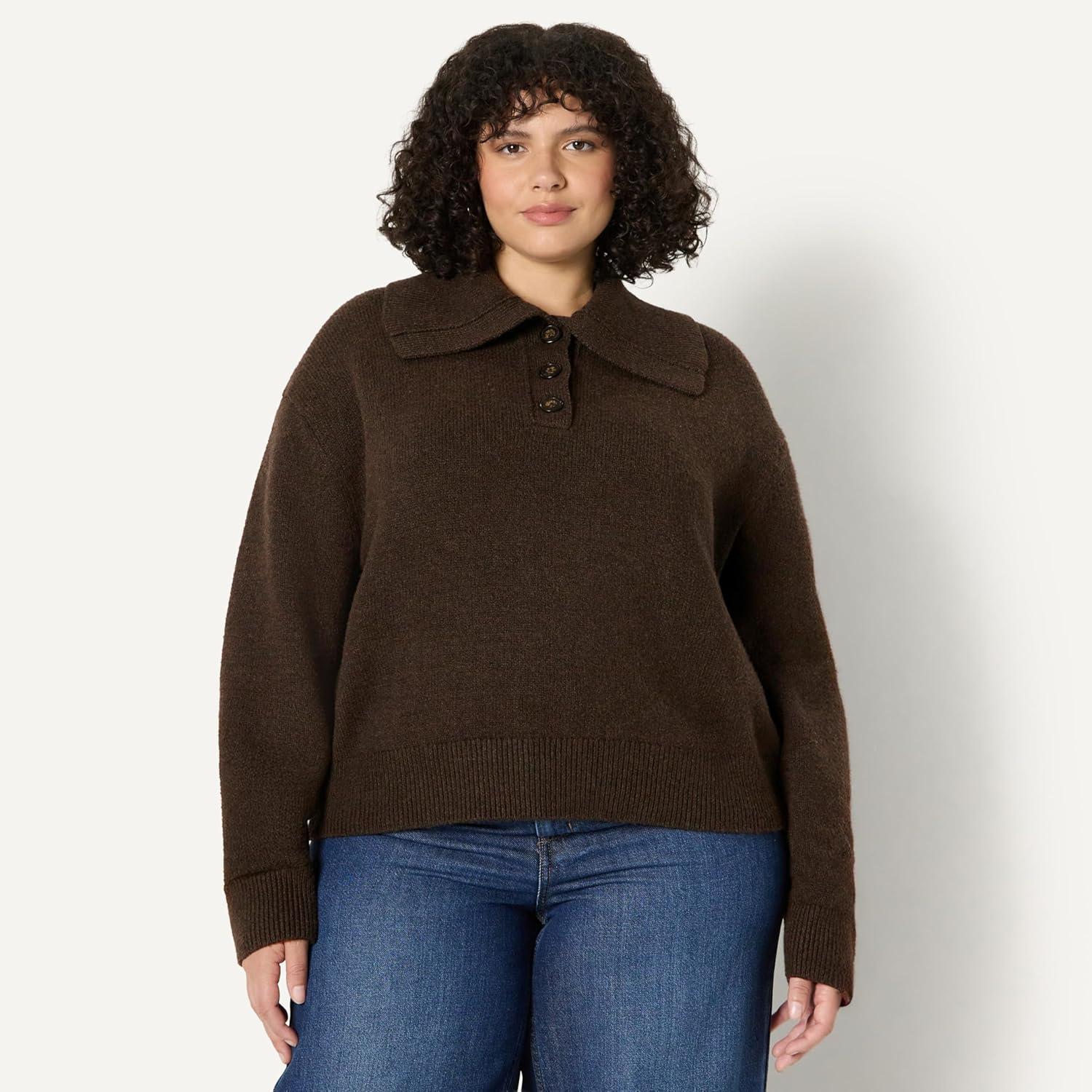 imageAmazon Essentials Womens RelaxedFit Button Collar SweaterChocolate Heather