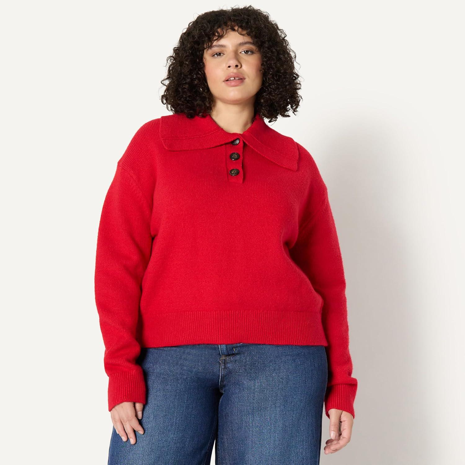 imageAmazon Essentials Womens RelaxedFit Button Collar SweaterRed