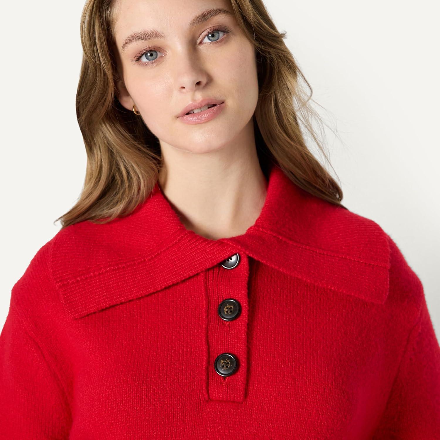 imageAmazon Essentials Womens RelaxedFit Button Collar SweaterRed