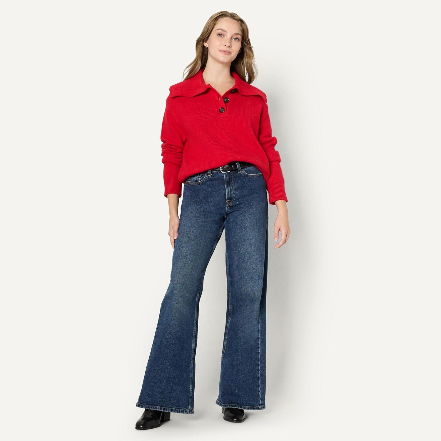 imageAmazon Essentials Womens RelaxedFit Button Collar SweaterRed