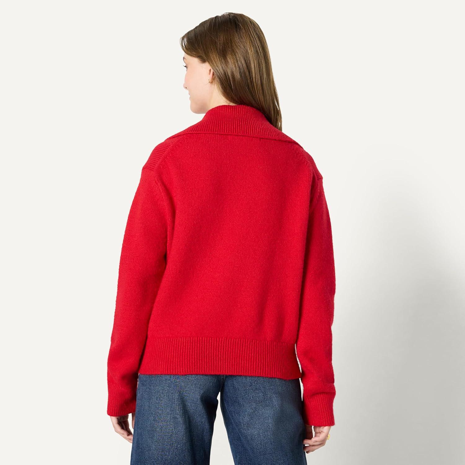 imageAmazon Essentials Womens RelaxedFit Button Collar SweaterRed