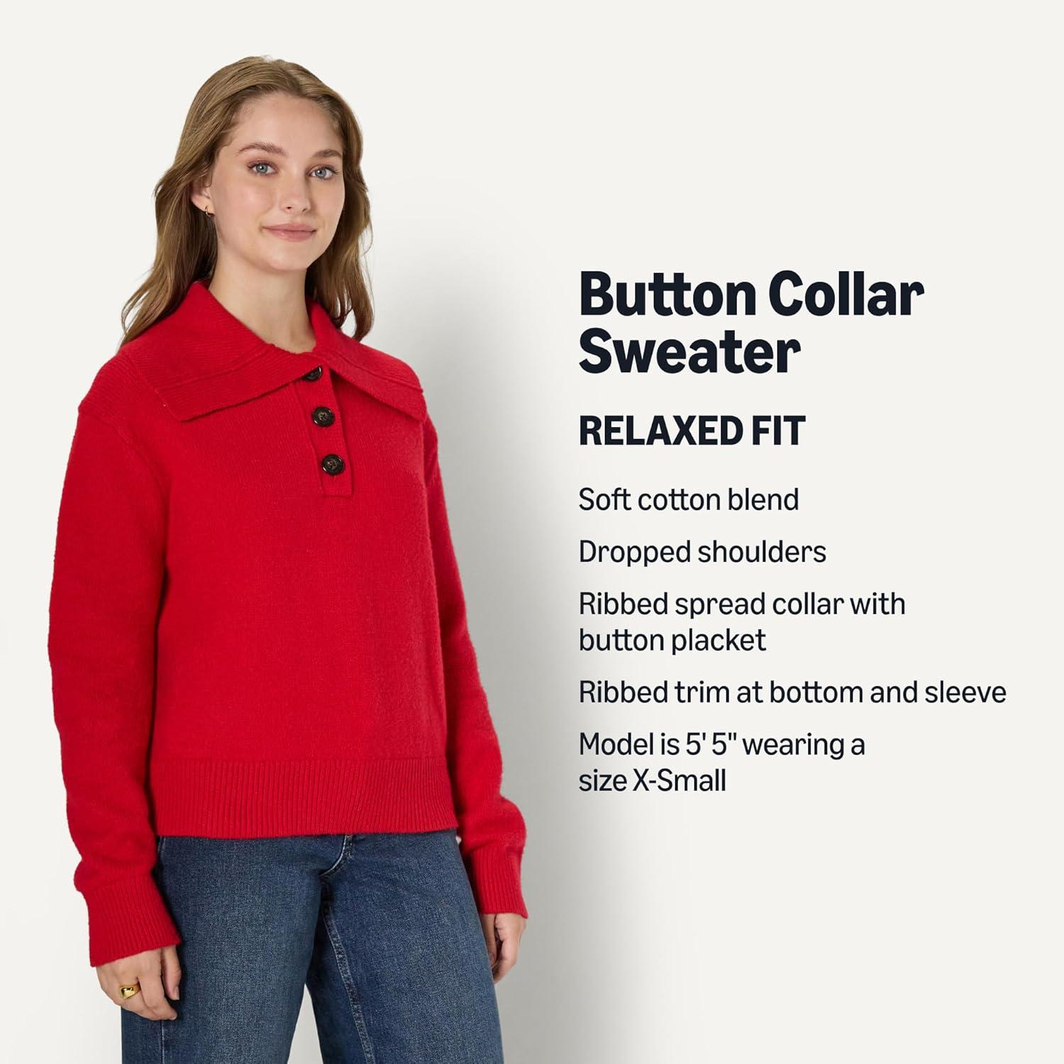 imageAmazon Essentials Womens RelaxedFit Button Collar SweaterRed