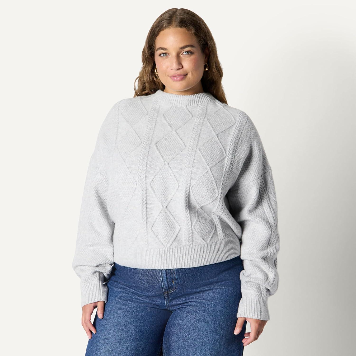 imageAmazon Essentials Womens RelaxedFit Cable Crewneck SweaterLight Grey Heather