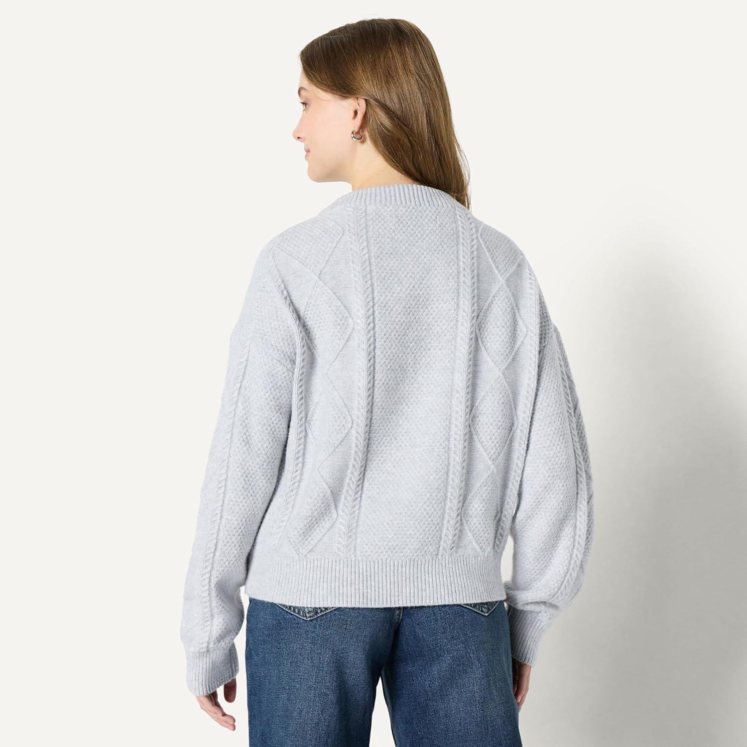 imageAmazon Essentials Womens RelaxedFit Cable Crewneck SweaterLight Grey Heather