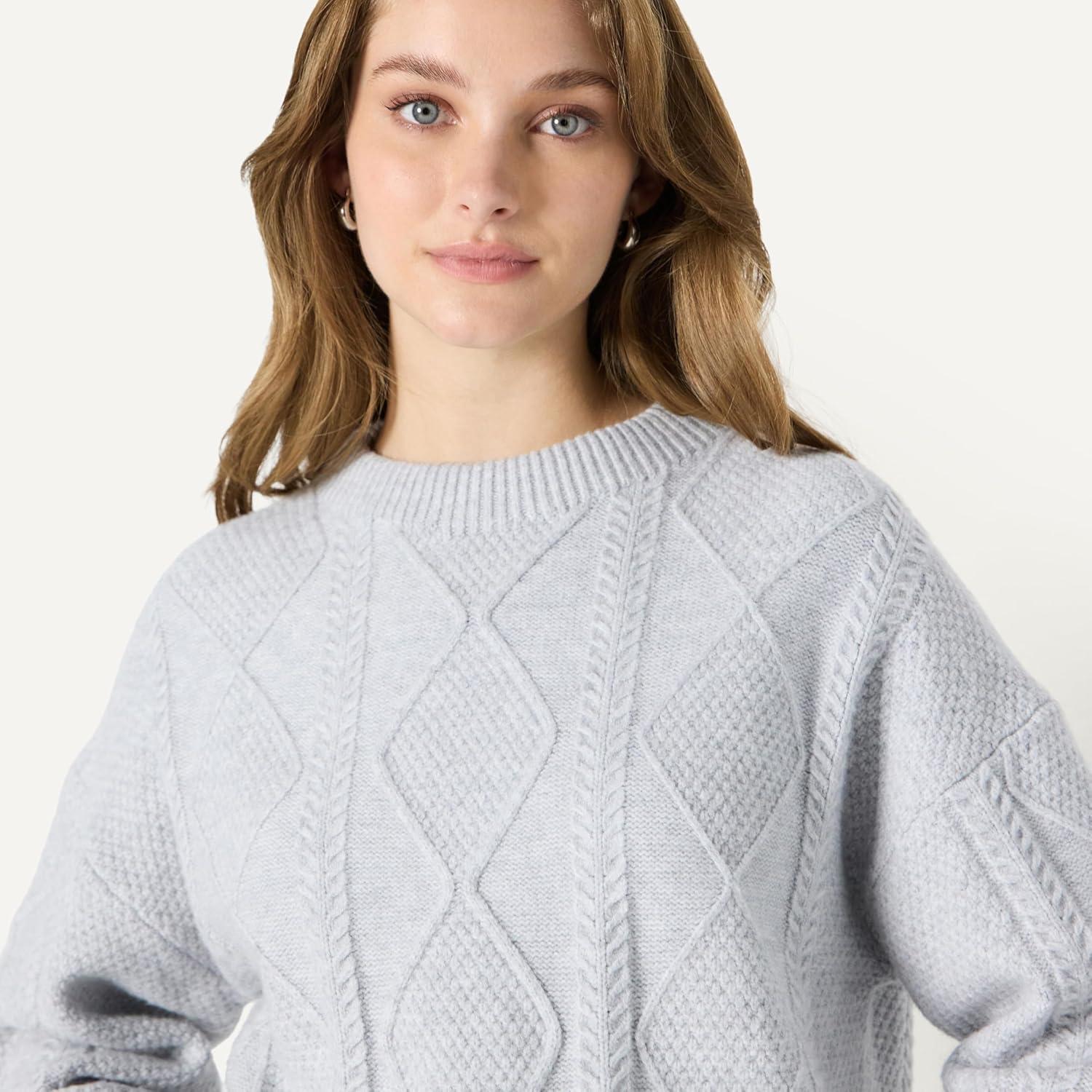imageAmazon Essentials Womens RelaxedFit Cable Crewneck SweaterLight Grey Heather
