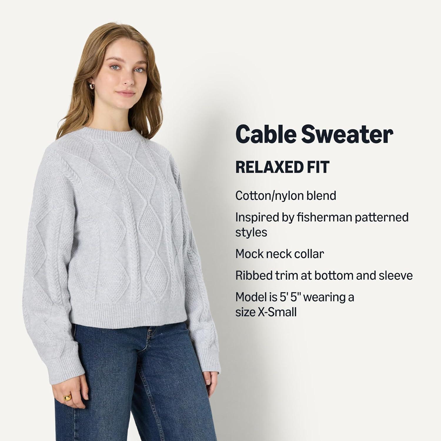 imageAmazon Essentials Womens RelaxedFit Cable Crewneck SweaterLight Grey Heather