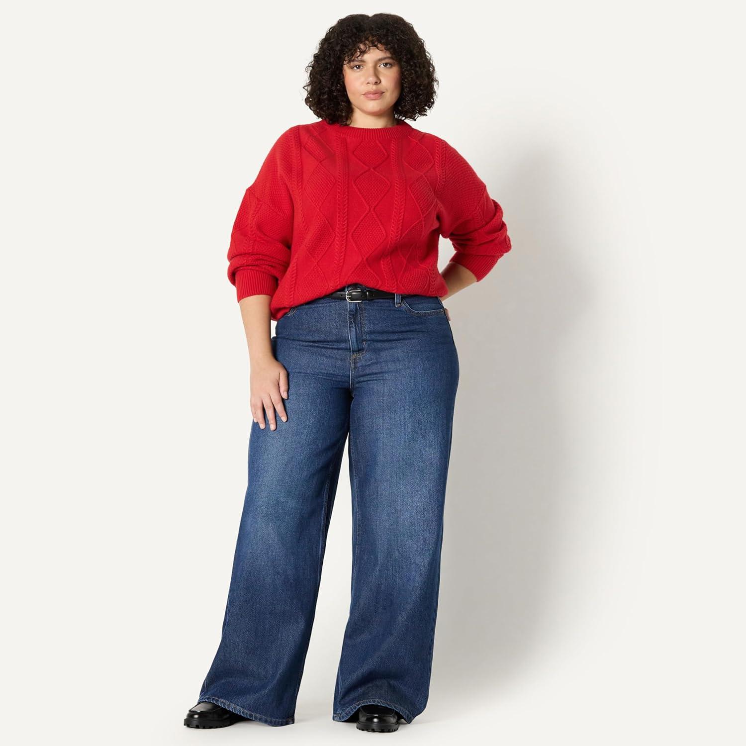 imageAmazon Essentials Womens RelaxedFit Cable Crewneck SweaterRed