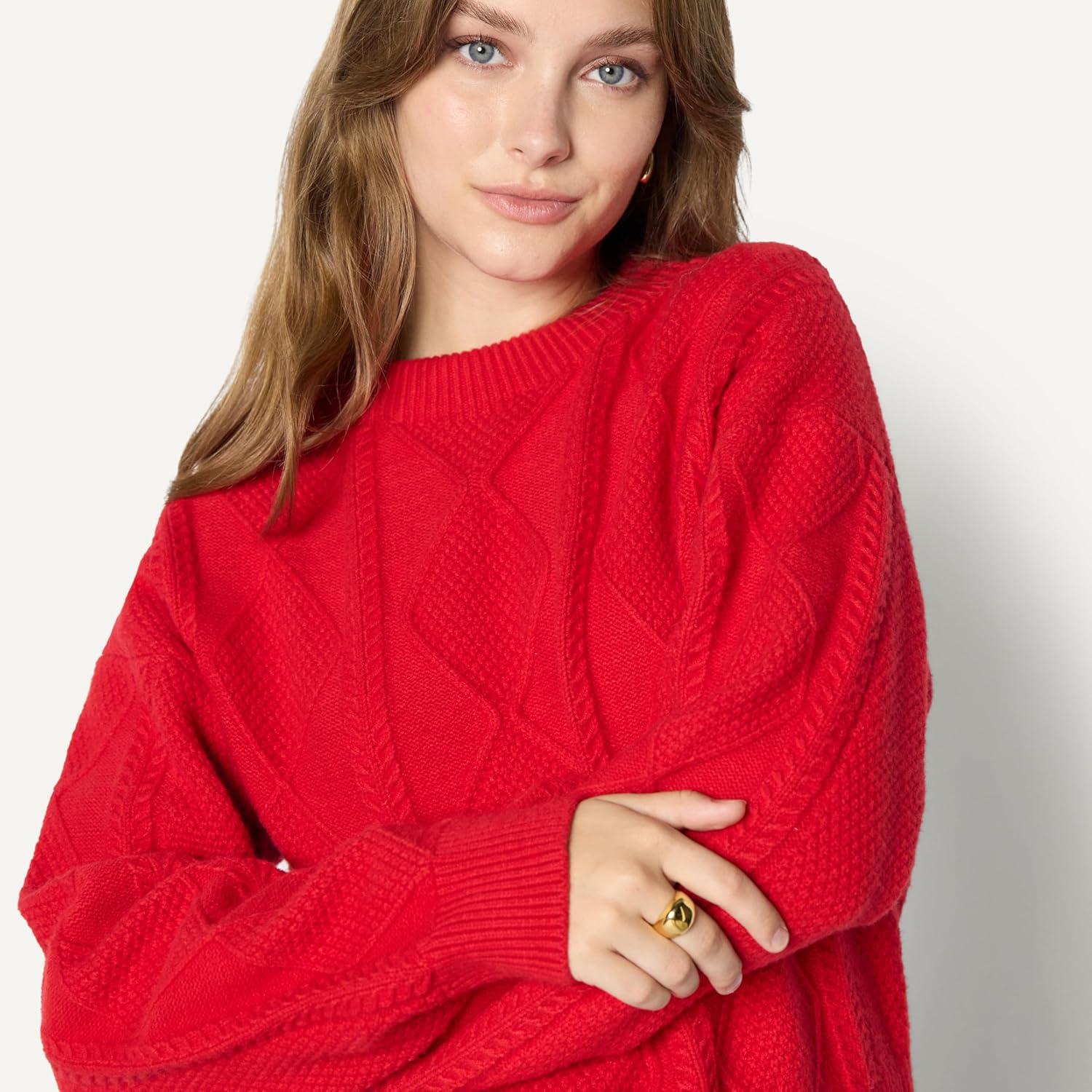 imageAmazon Essentials Womens RelaxedFit Cable Crewneck SweaterRed