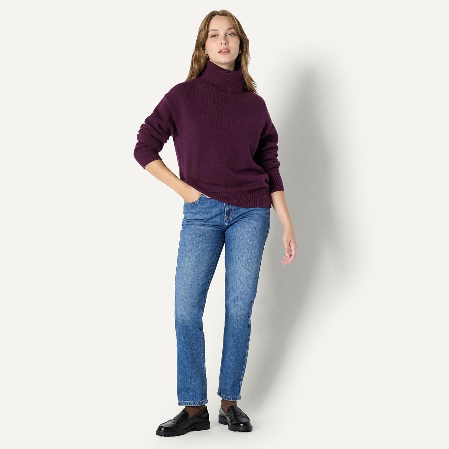 imageAmazon Essentials Womens RelaxedFit Cotton Blend Turtleneck Pullover SweaterBurgundy