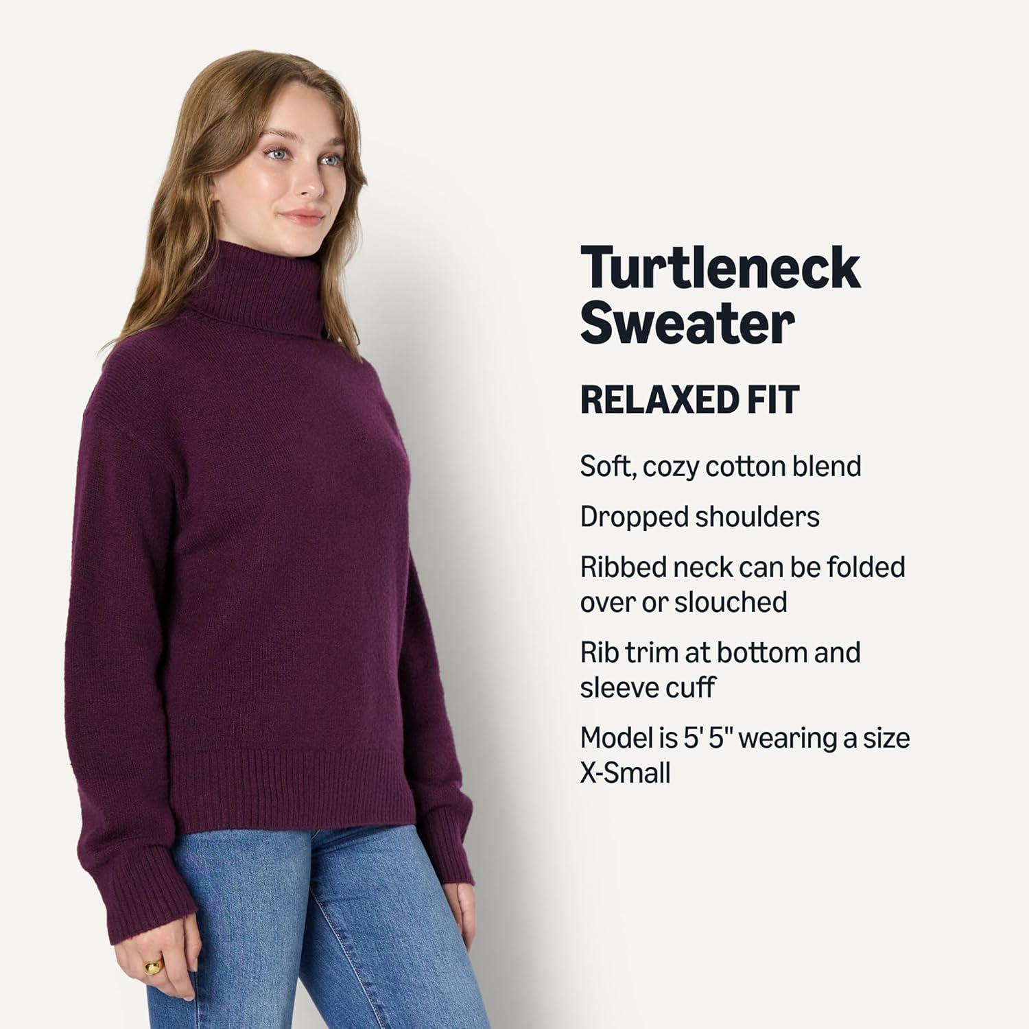 imageAmazon Essentials Womens RelaxedFit Cotton Blend Turtleneck Pullover SweaterBurgundy