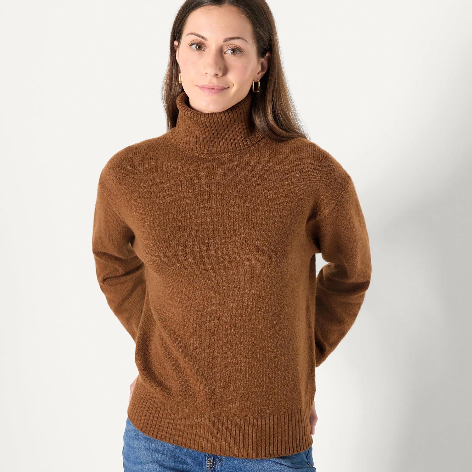imageAmazon Essentials Womens RelaxedFit Cotton Blend Turtleneck Pullover SweaterCaramel Heather