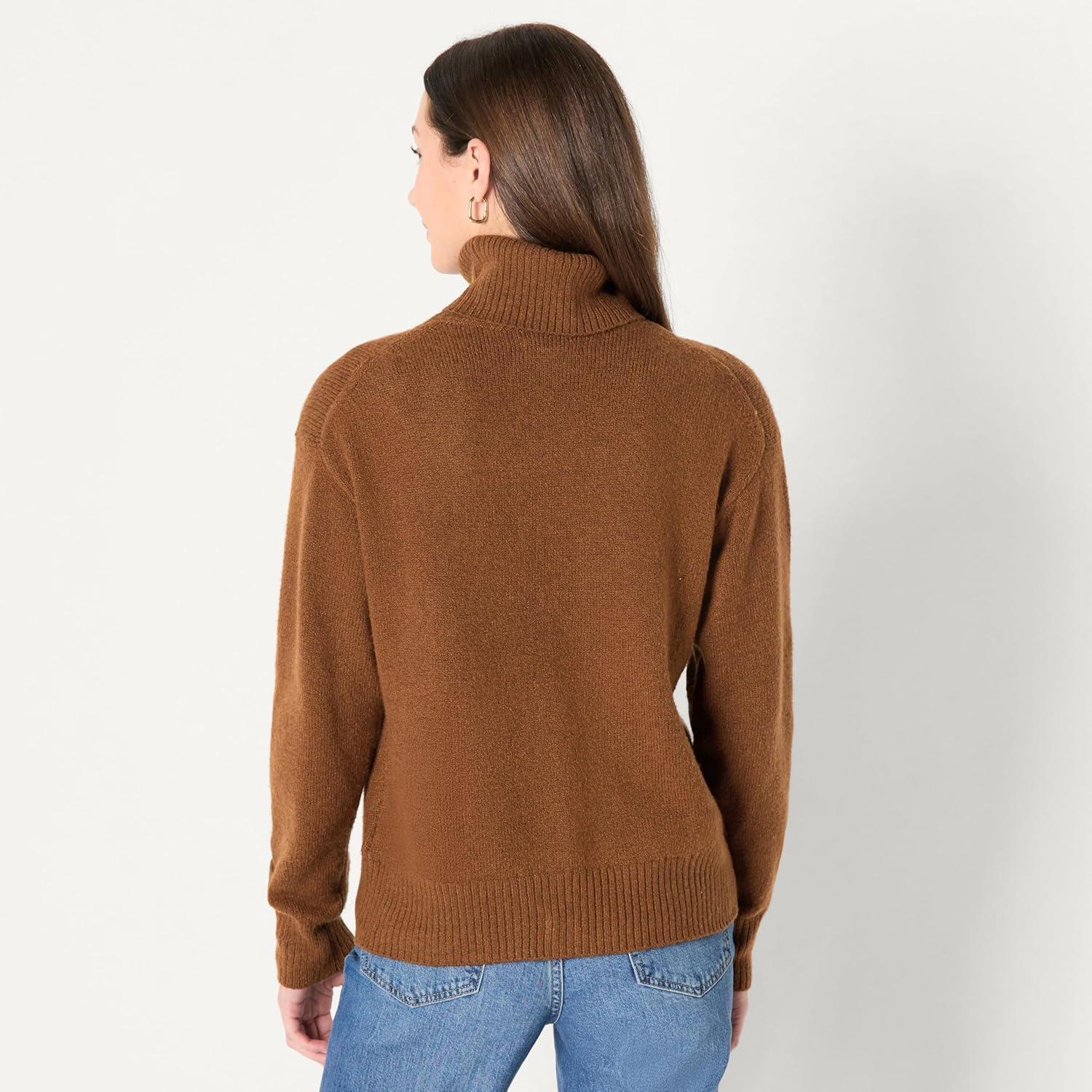 imageAmazon Essentials Womens RelaxedFit Cotton Blend Turtleneck Pullover SweaterCaramel Heather