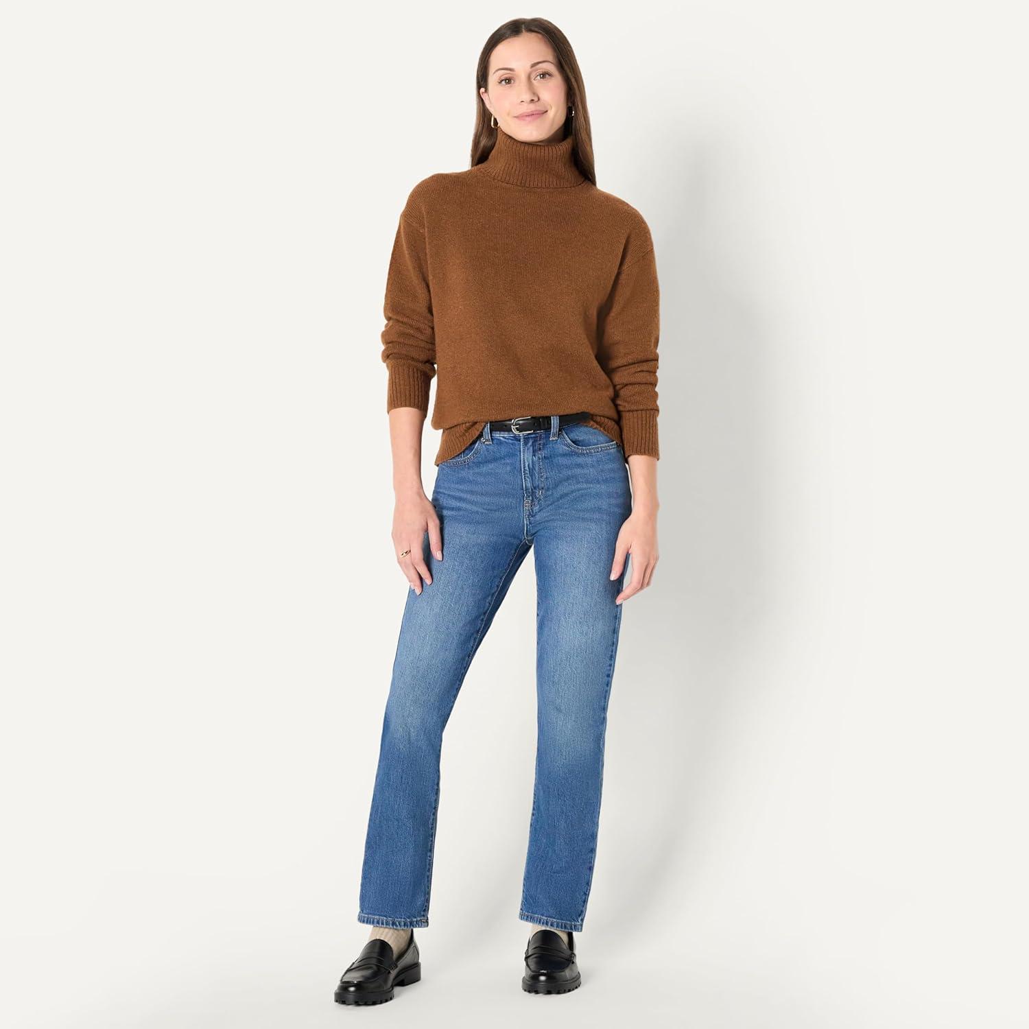 imageAmazon Essentials Womens RelaxedFit Cotton Blend Turtleneck Pullover SweaterCaramel Heather