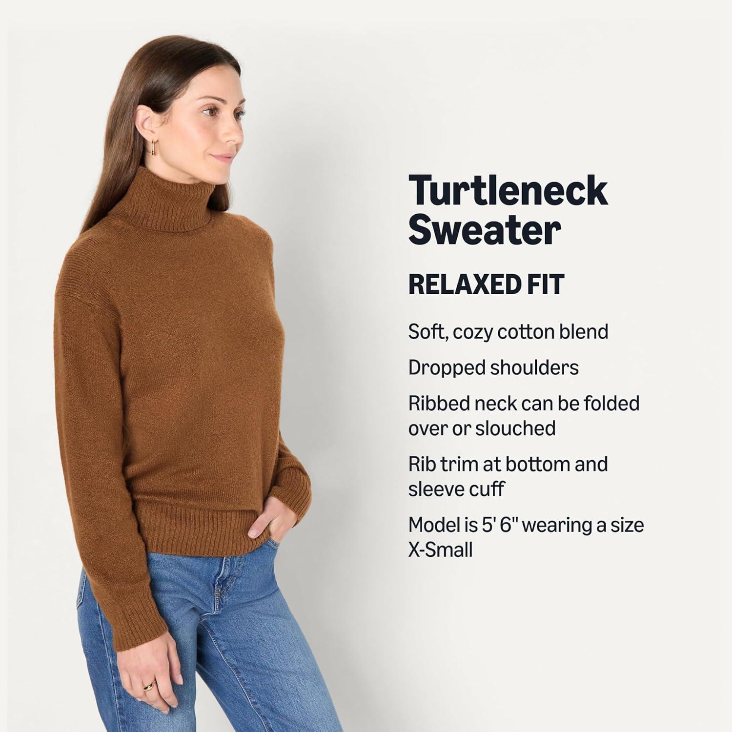 imageAmazon Essentials Womens RelaxedFit Cotton Blend Turtleneck Pullover SweaterCaramel Heather