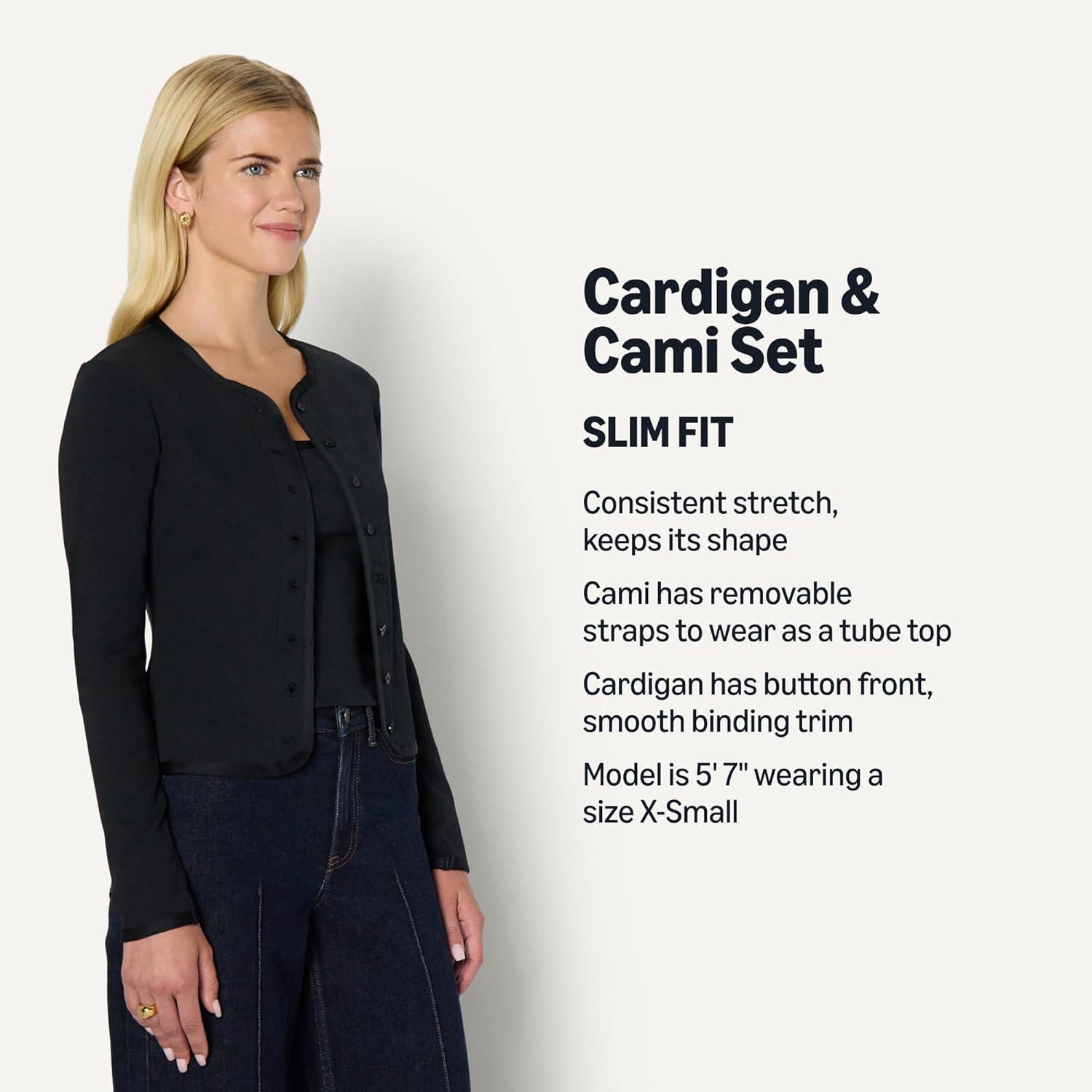 imageAmazon Essentials Womens SlimFit Ribbed Cardigan ampamp Cami Set with Removable StrapsBlack