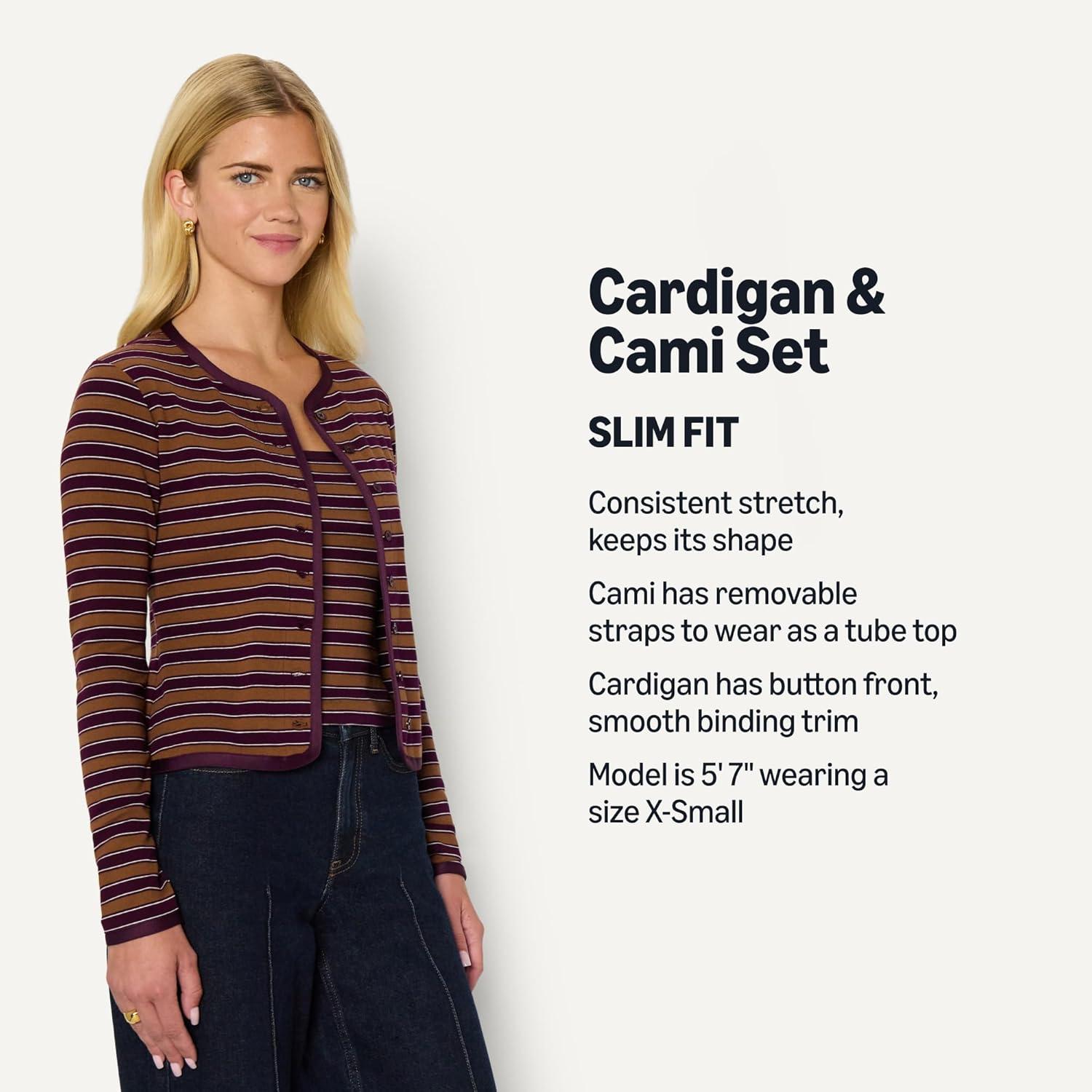 imageAmazon Essentials Womens SlimFit Ribbed Cardigan ampamp Cami Set with Removable StrapsBurgundy Brown Stripe