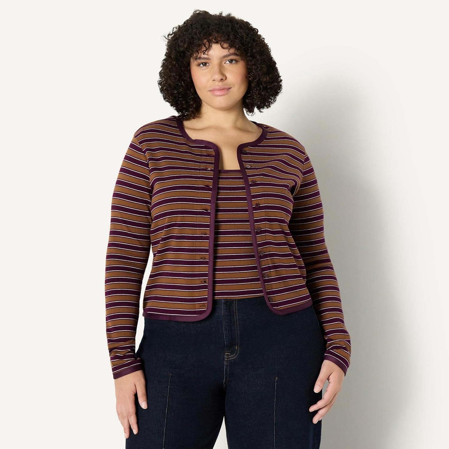 imageAmazon Essentials Womens SlimFit Ribbed Cardigan ampamp Cami Set with Removable StrapsBurgundy Brown Stripe