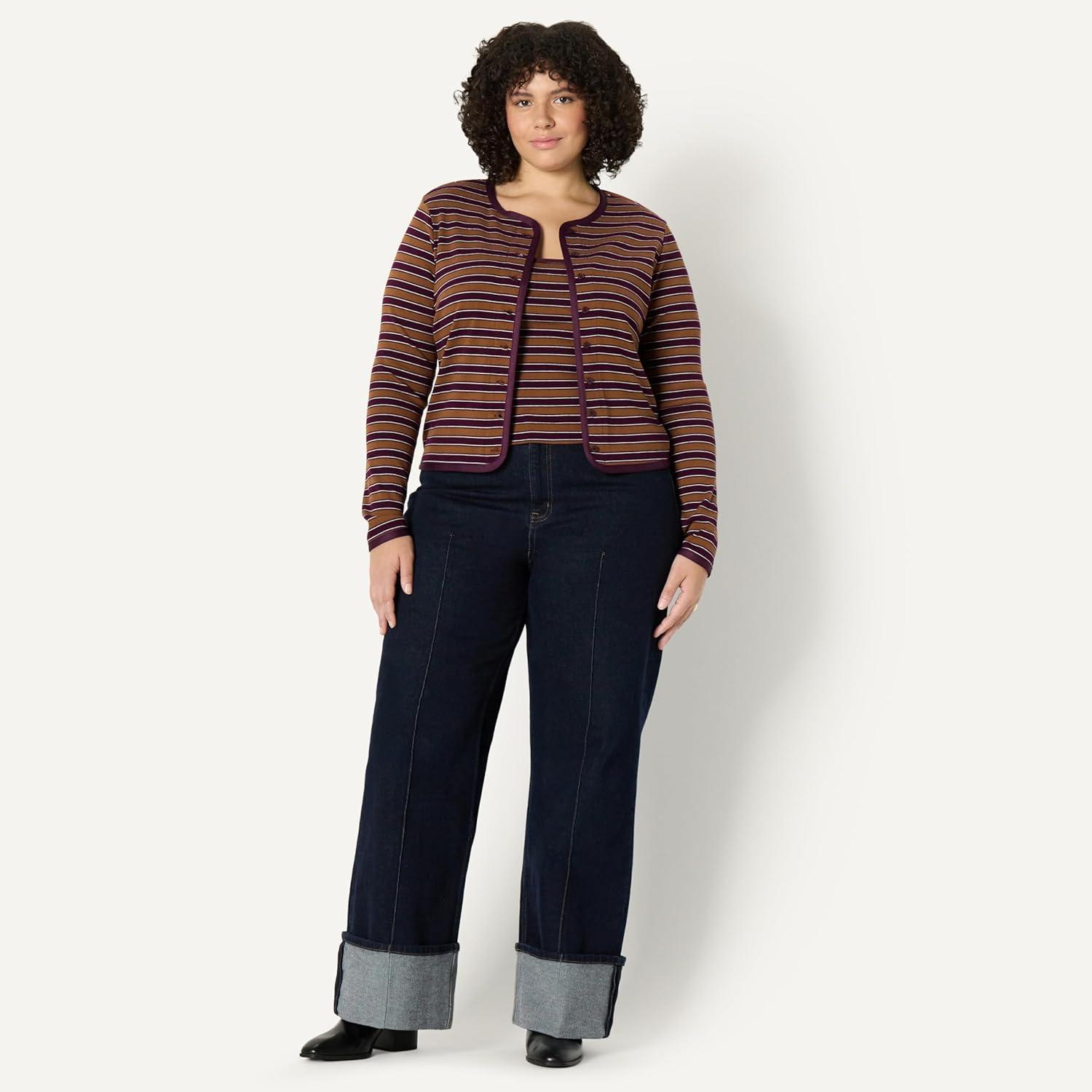 imageAmazon Essentials Womens SlimFit Ribbed Cardigan ampamp Cami Set with Removable StrapsBurgundy Brown Stripe