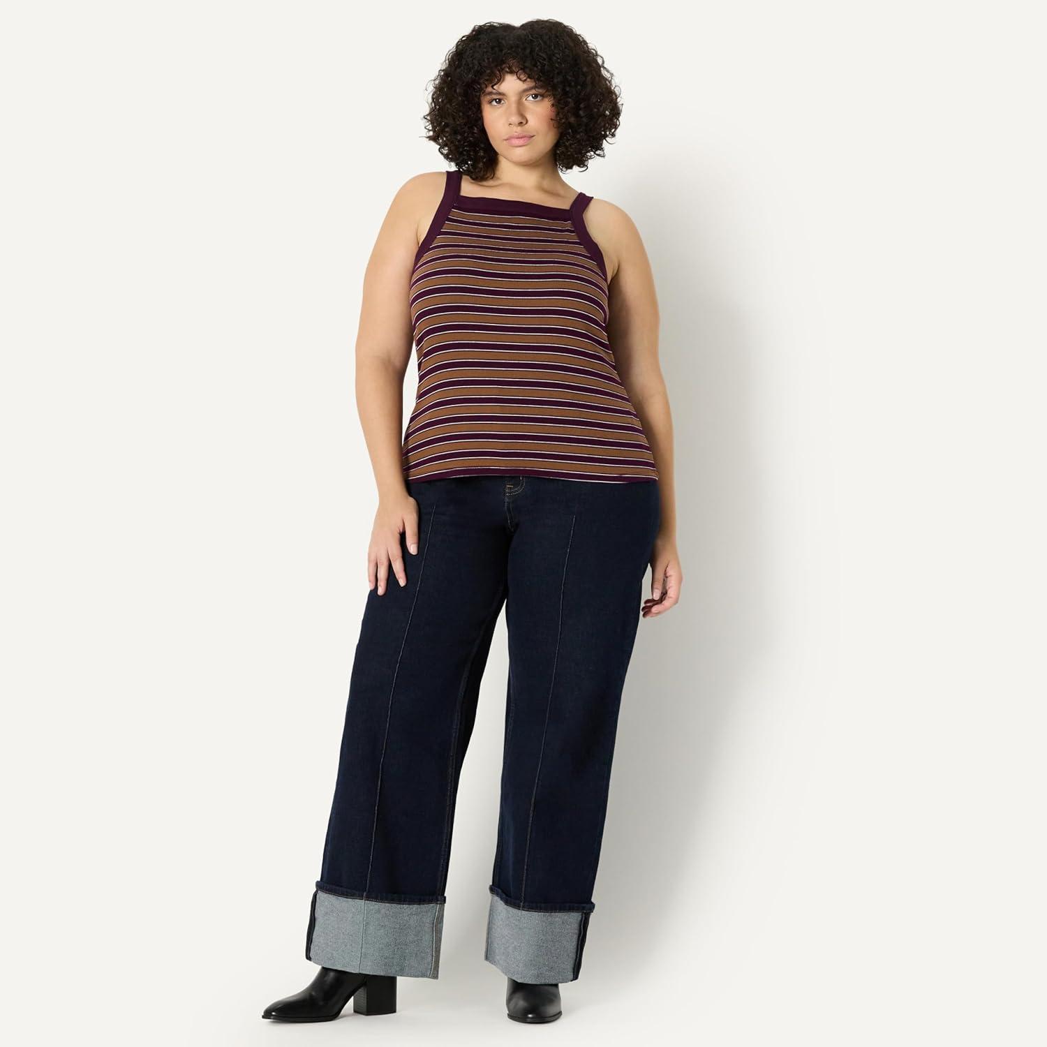 imageAmazon Essentials Womens SlimFit Stretch Rib HighNeck TankBurgundy Brown Stripe