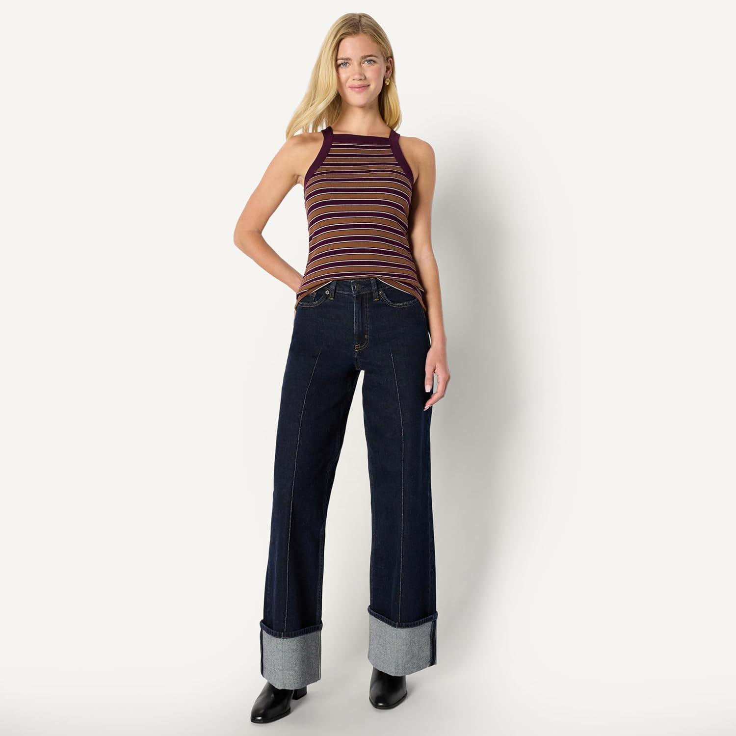 imageAmazon Essentials Womens SlimFit Stretch Rib HighNeck TankBurgundy Brown Stripe