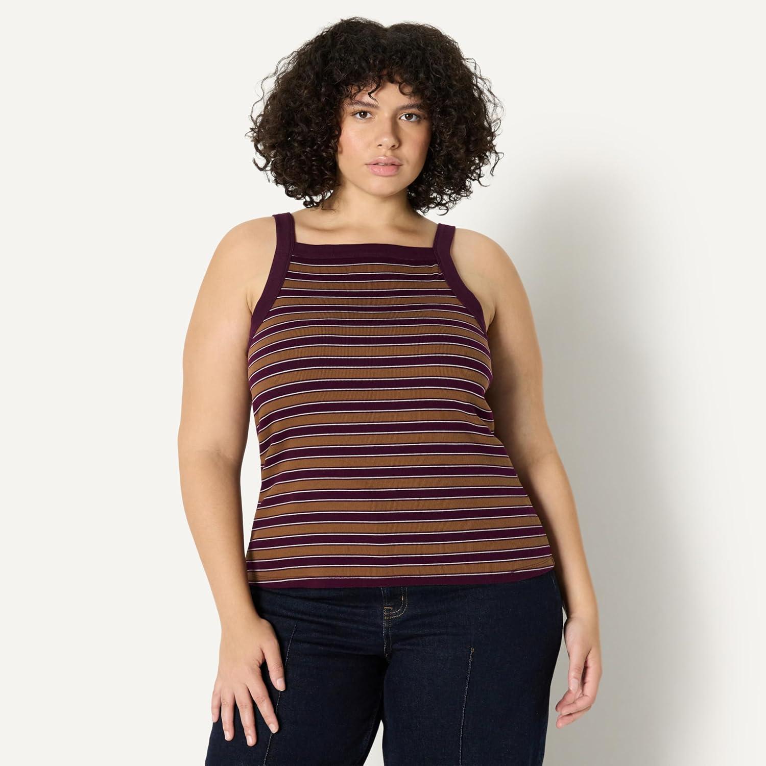 imageAmazon Essentials Womens SlimFit Stretch Rib HighNeck TankBurgundy Brown Stripe