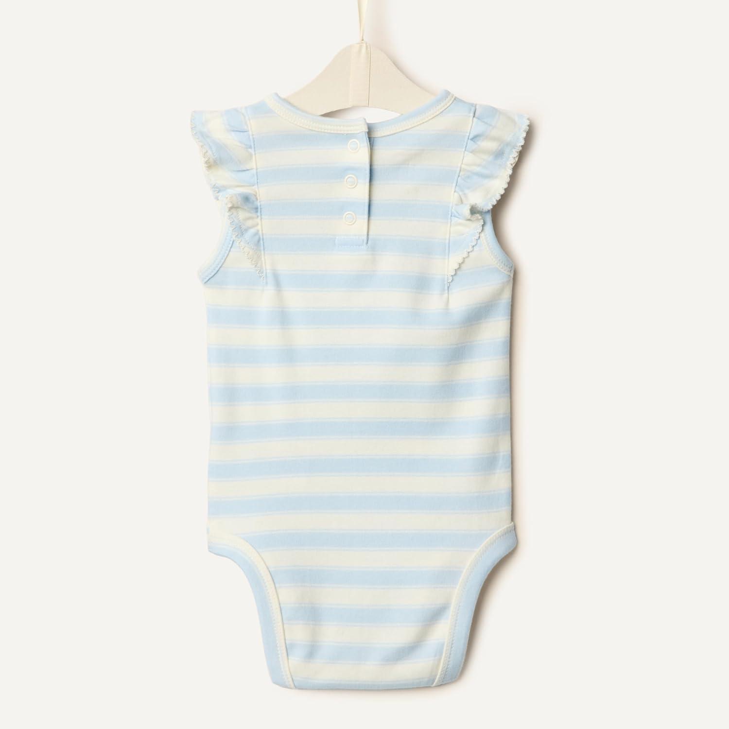 imageAmazon Essentials x Sofia Grainge Baby Girls Embroidered Ruffle Bodysuit Pack of 2Light BlueStripe