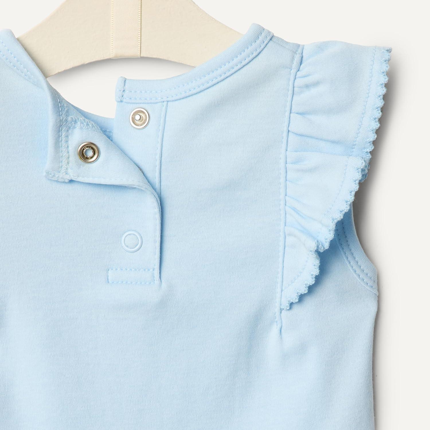 imageAmazon Essentials x Sofia Grainge Baby Girls Embroidered Ruffle Bodysuit Pack of 2Light BlueStripe