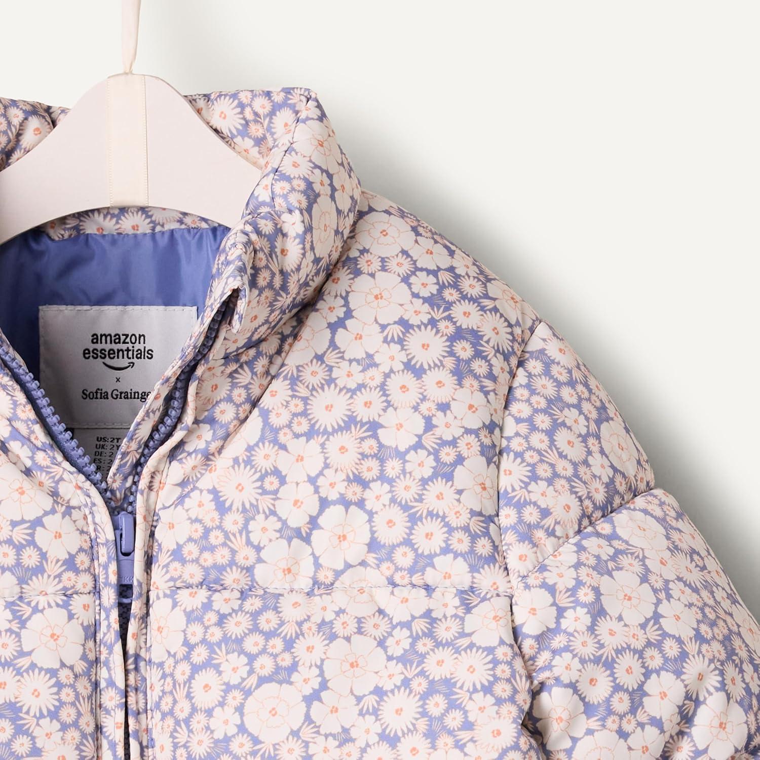 imageAmazon Essentials x Sofia Grainge Toddlers and Baby Girls Taffeta Puffer JacketBlue Ivory Delicate Floral