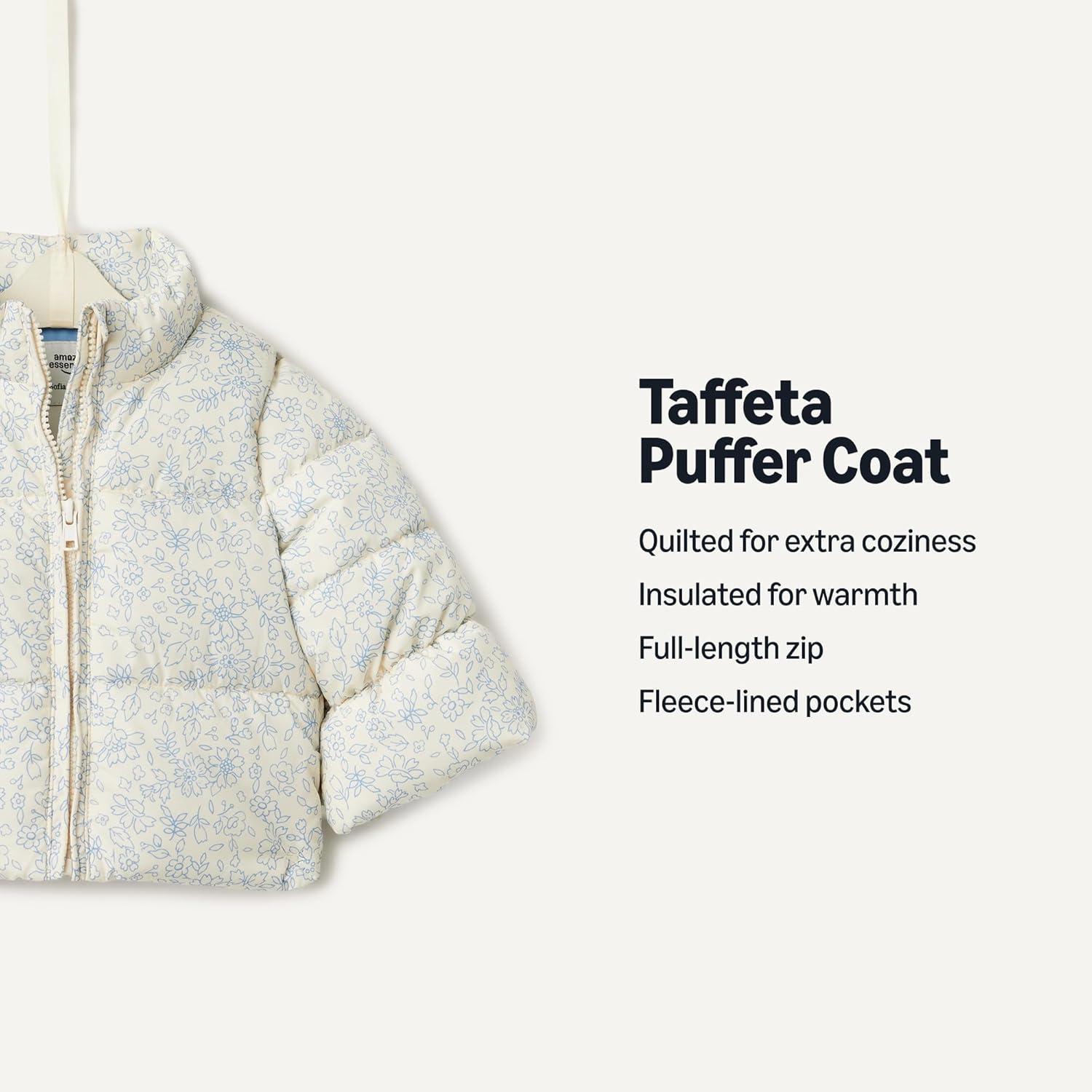 imageAmazon Essentials x Sofia Grainge Toddlers and Baby Girls Taffeta Puffer JacketIvory Blue Outlined Blooms