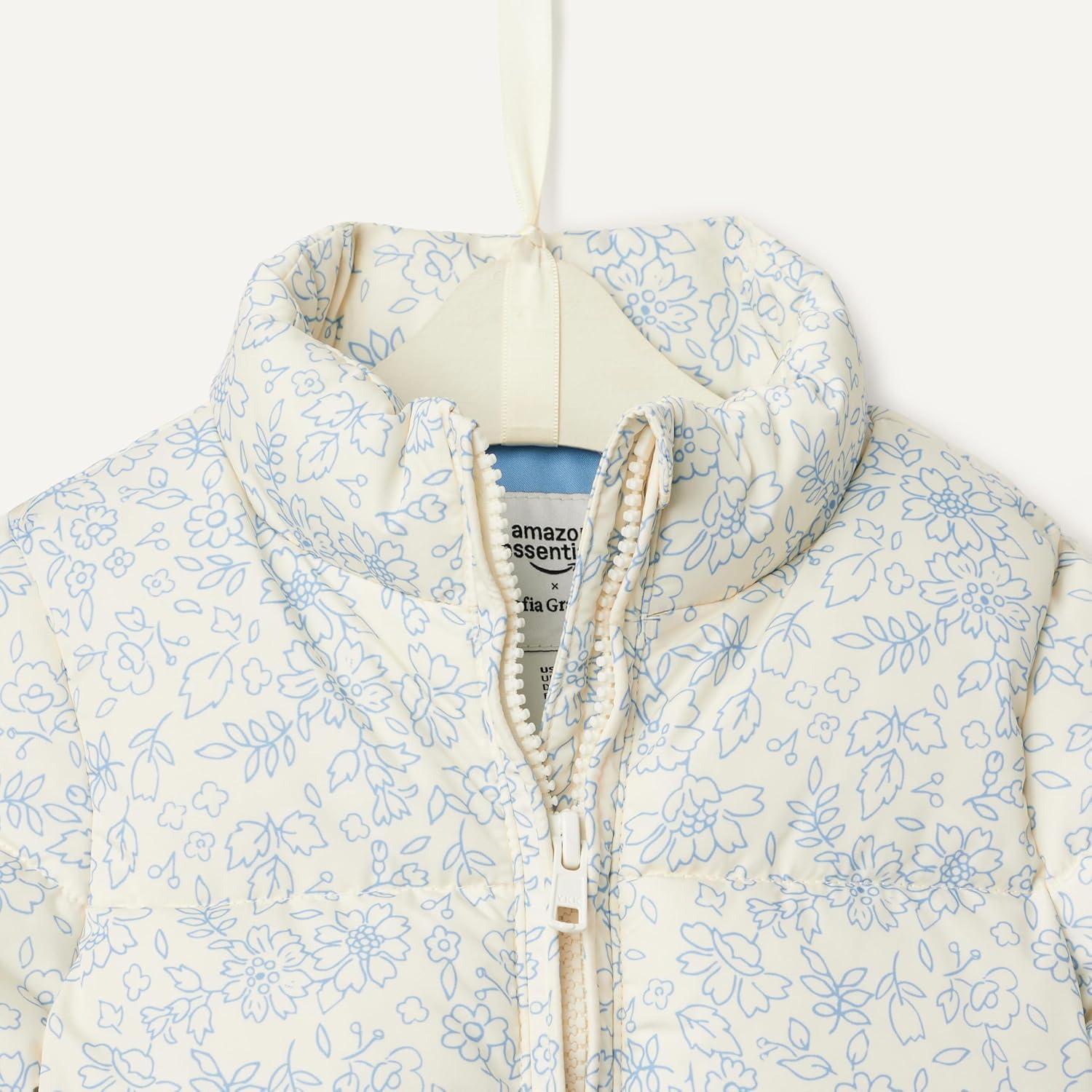 imageAmazon Essentials x Sofia Grainge Toddlers and Baby Girls Taffeta Puffer JacketIvory Blue Outlined Blooms