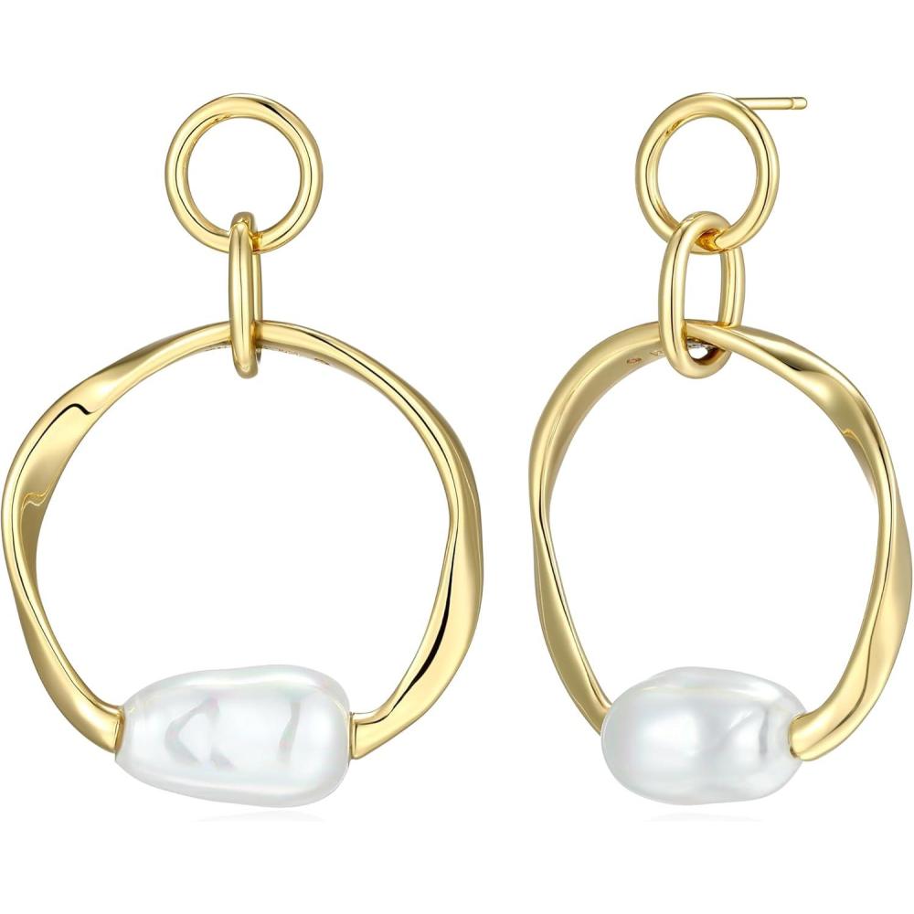 imageAmazon Essentials Baroque Pearl Hoop Earrings for Women  GoldTone Fine Silver Plated Open Circle Design Modern Jewelry