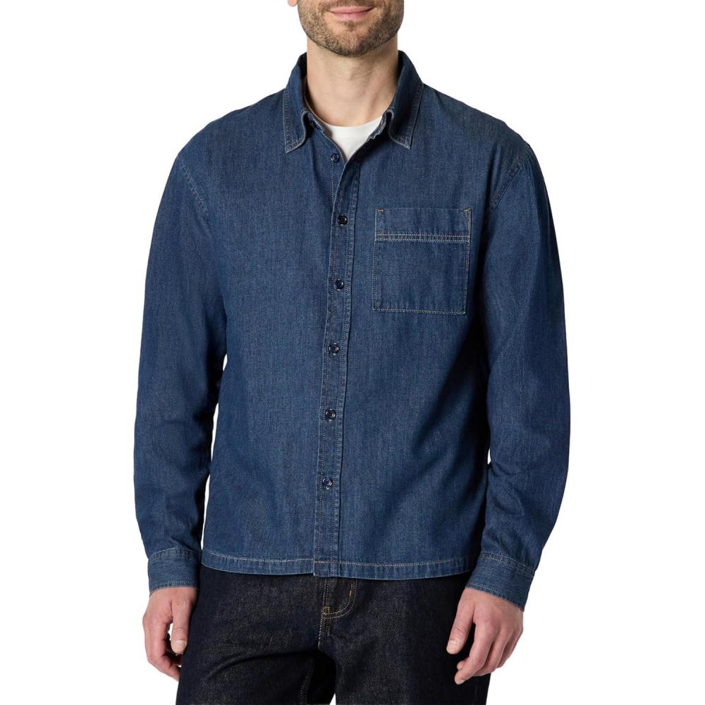 imageAmazon Essentials Mens Modern OversizedFit Denim ButtonDown ShirtMedium Blue Vintage
