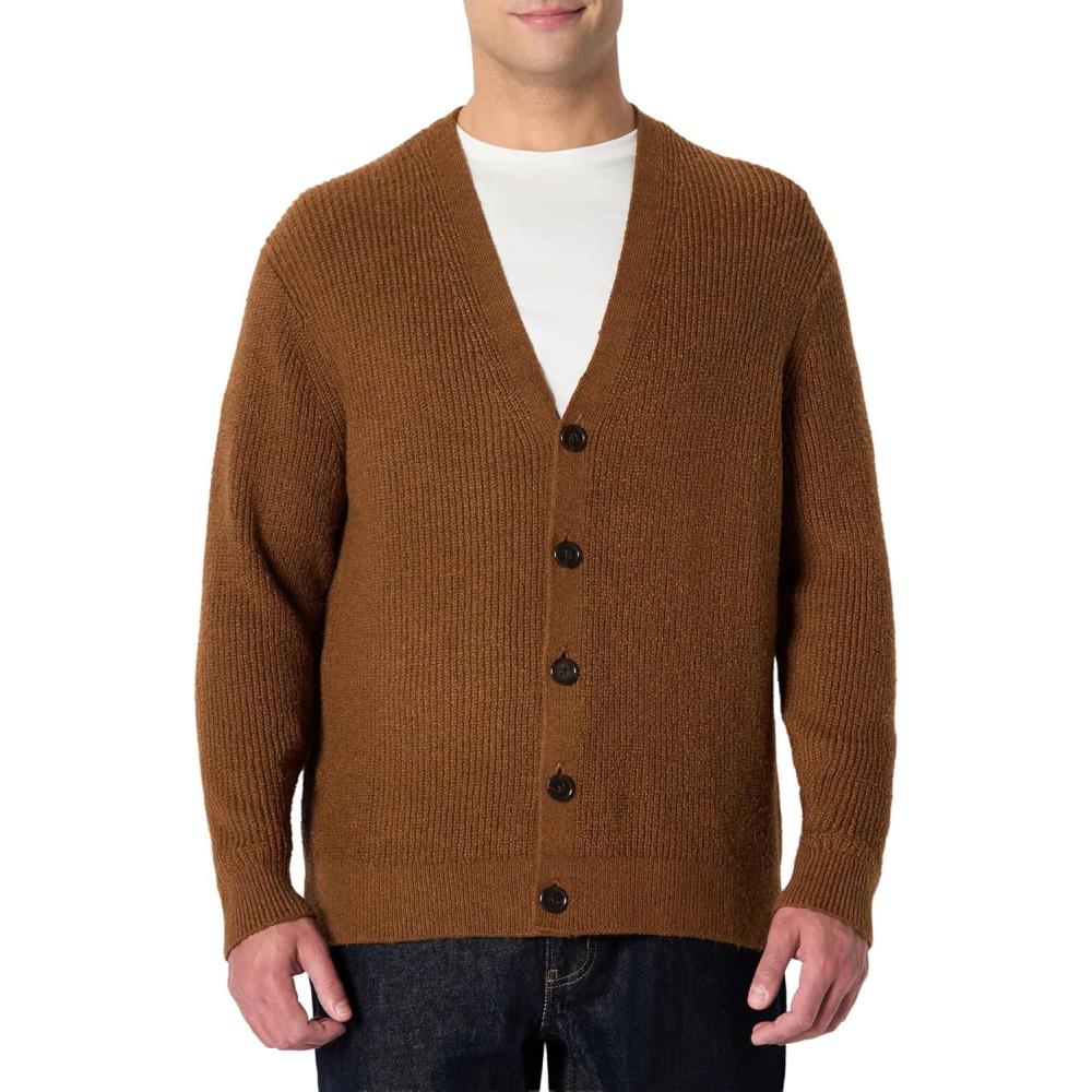 imageAmazon Essentials Mens RelaxedFit Cotton Blend CardiganCaramel Heather