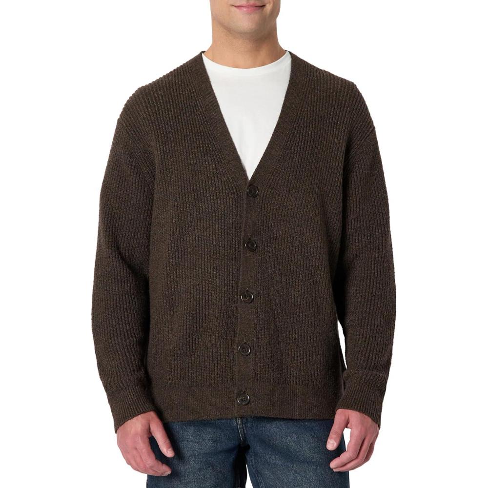 imageAmazon Essentials Mens RelaxedFit Cotton Blend CardiganChocolate Heather