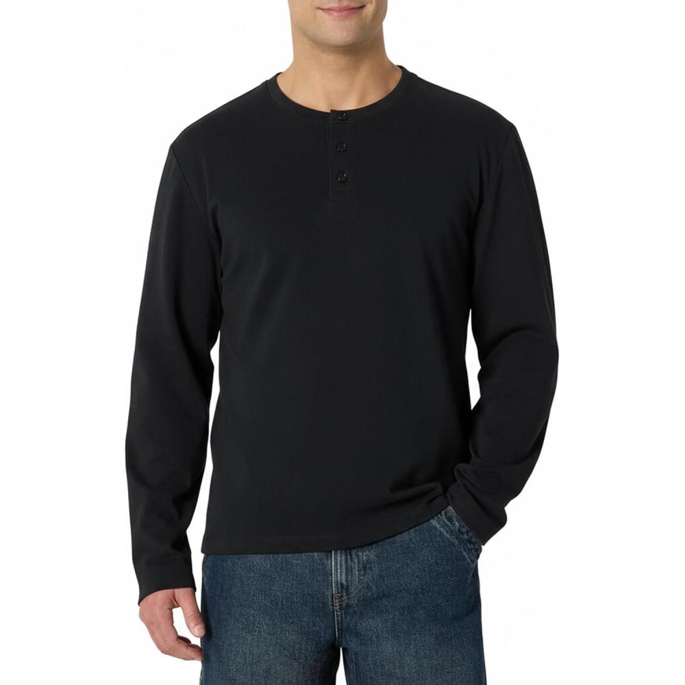 imageAmazon Essentials Mens RelaxedFit Long Sleeve HenleyBlack