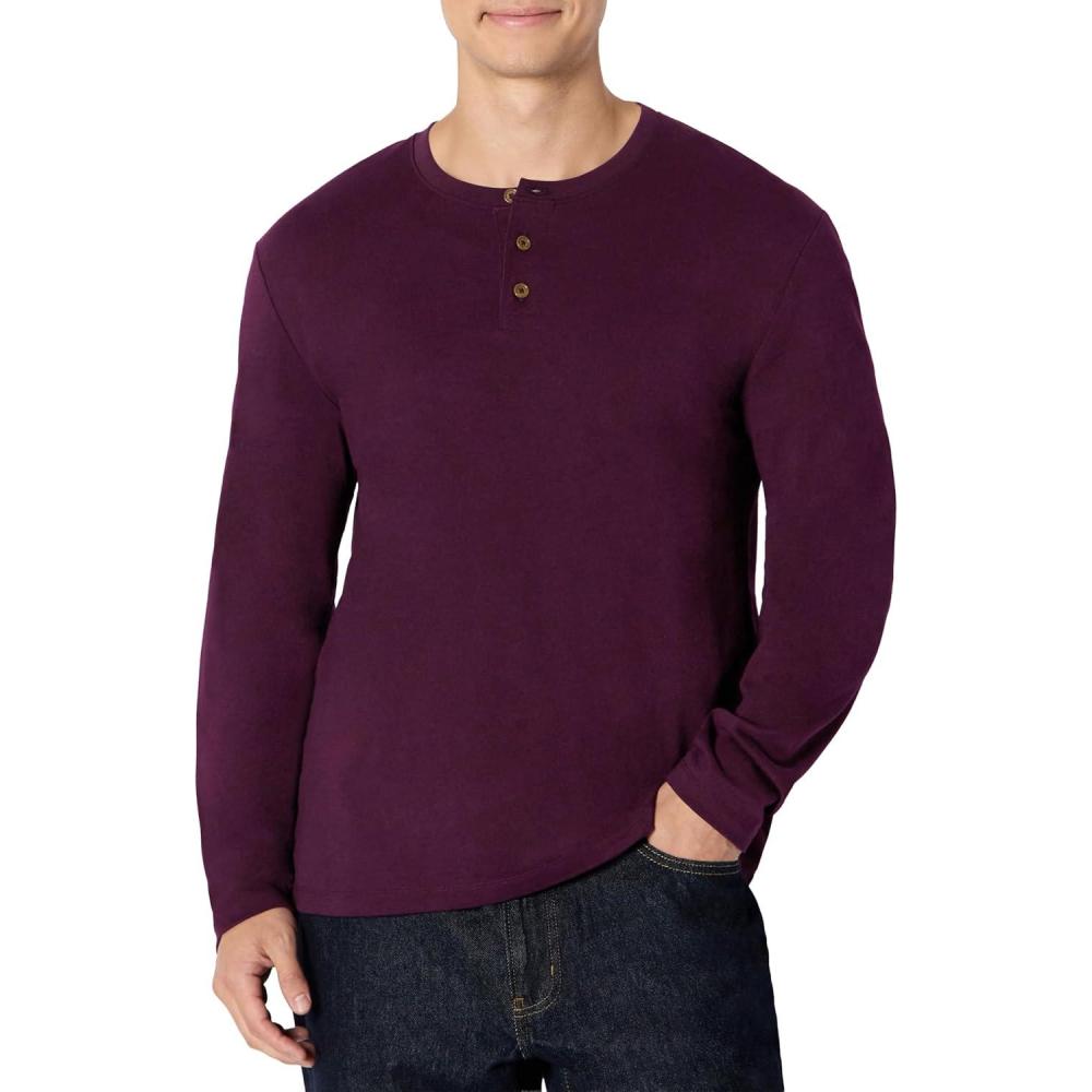imageAmazon Essentials Mens RelaxedFit Long Sleeve HenleyBurgundy