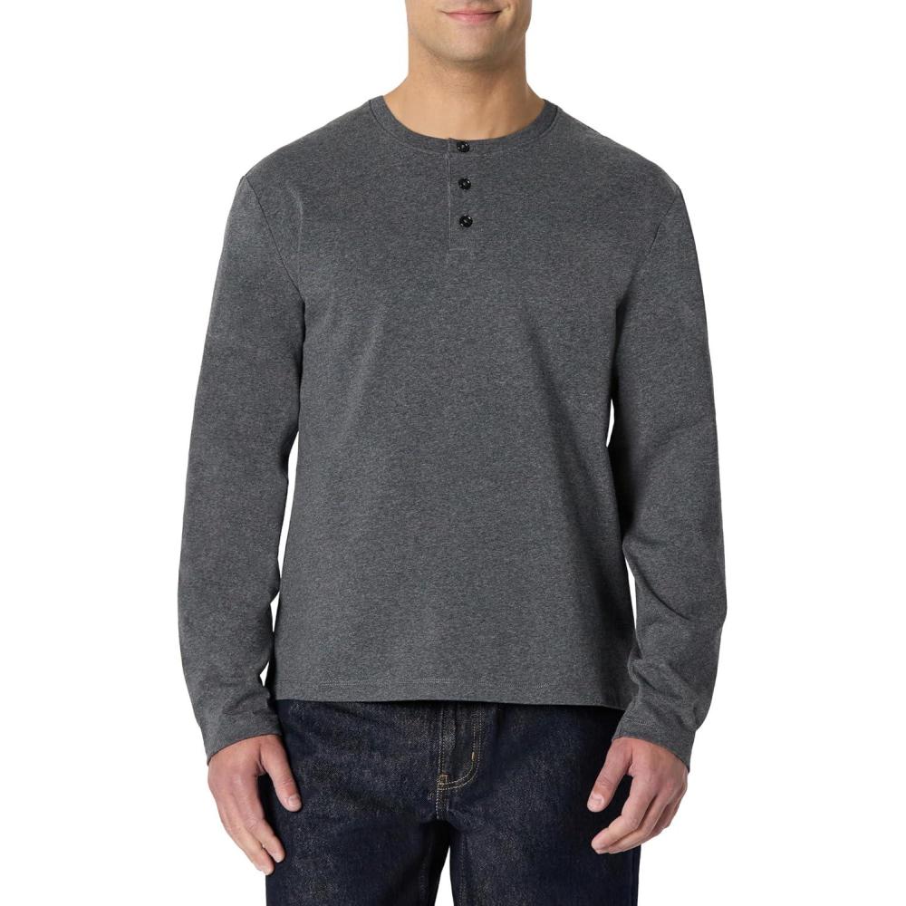imageAmazon Essentials Mens RelaxedFit Long Sleeve HenleyCharcoal Heather