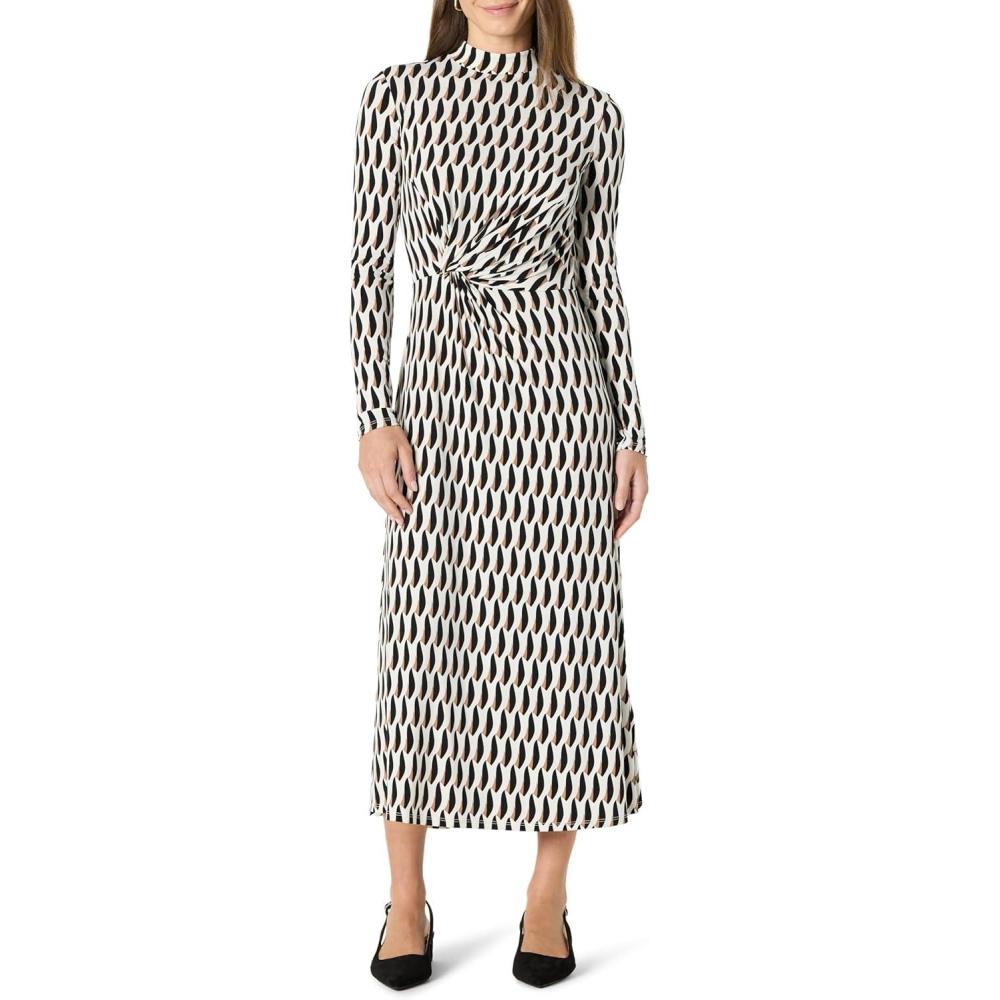 imageAmazon Essentials Womens Fit and Flare LongSleeved Short Maxi DressIvory Washed Bronze Geo