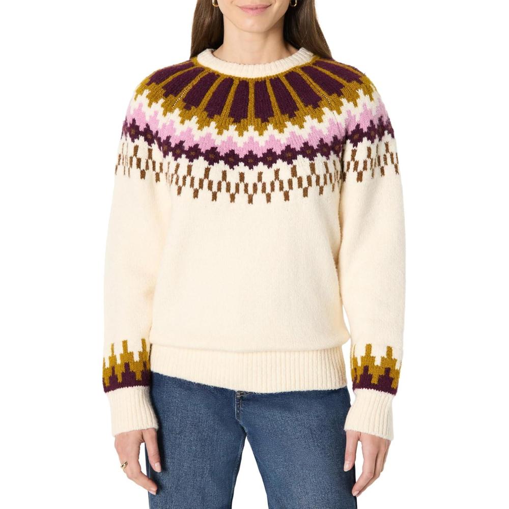 imageAmazon Essentials Womens OversizedFit Fair Isle Crewneck SweaterCream Caramel Chevron Knit